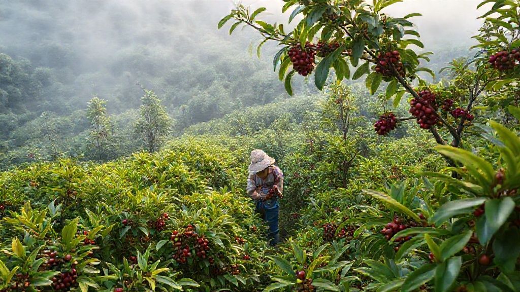 Lush, green coffee plantation in the misty mountains of Chiang Mai, Thailand, with local farmers carefully hand-picking ripe red coffee cherries, morning light, realistic photography.