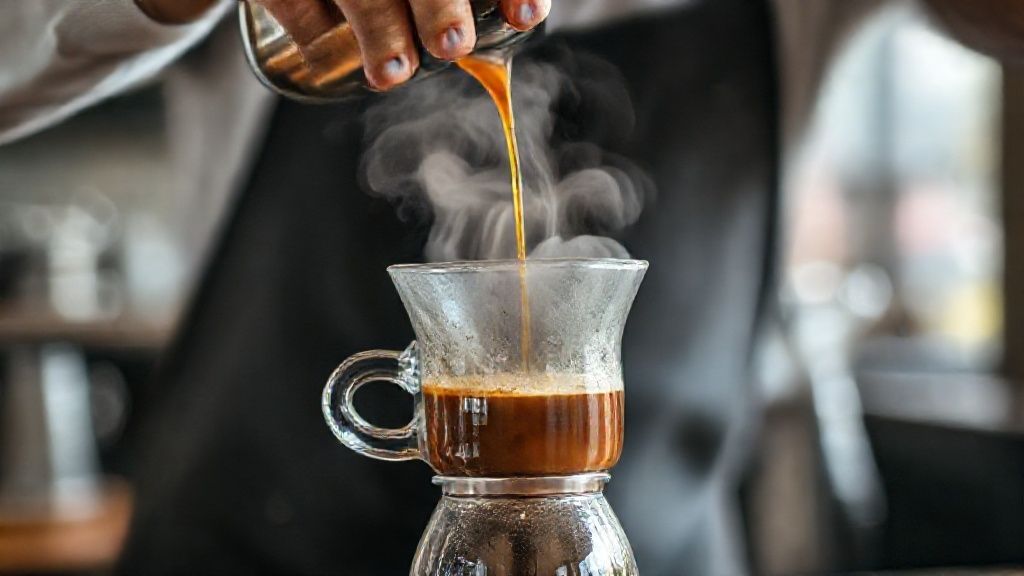 A close-up shot of a barista doing a pour-over brew with Siam Blue Moon coffee. Steam rises from the freshly brewed coffee into a clear glass server, highlighting its rich amber color. soft, natural lighting, cafe setting.