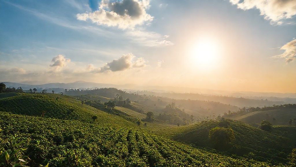 ブラジル・サントアントニオ地区の丘陵に広がる美しいコーヒー農園の風景