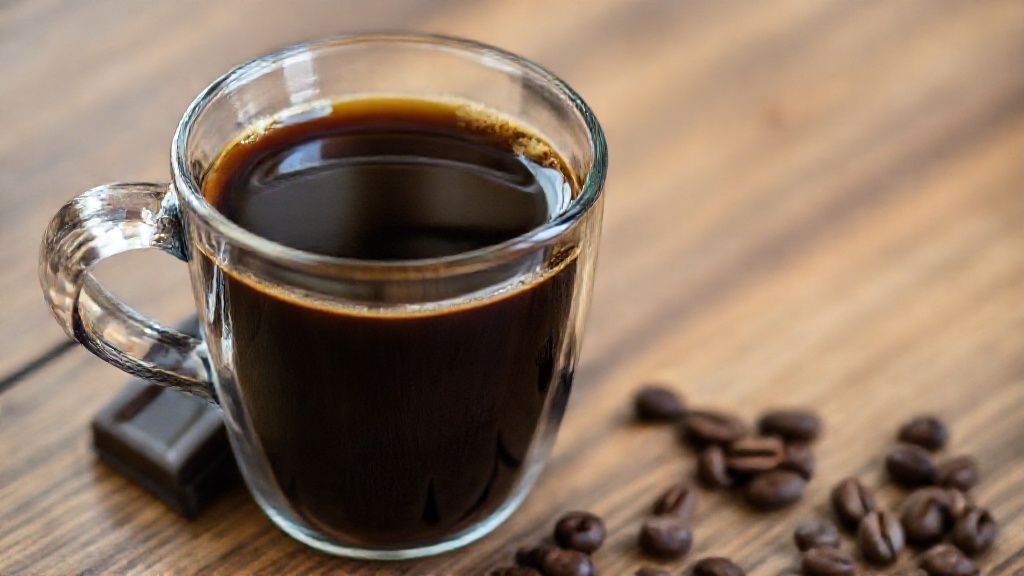 透明なグラスに注がれたブラックコーヒーと、横に添えられたダークチョコレートとコーヒー豆