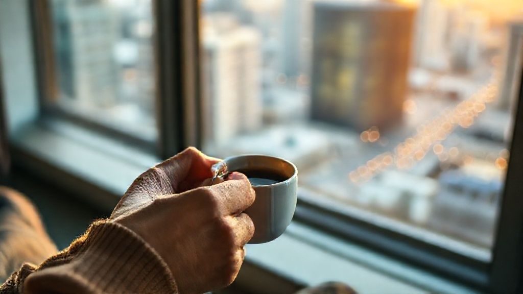 朝日を浴びながらコーヒーを飲む人の手元