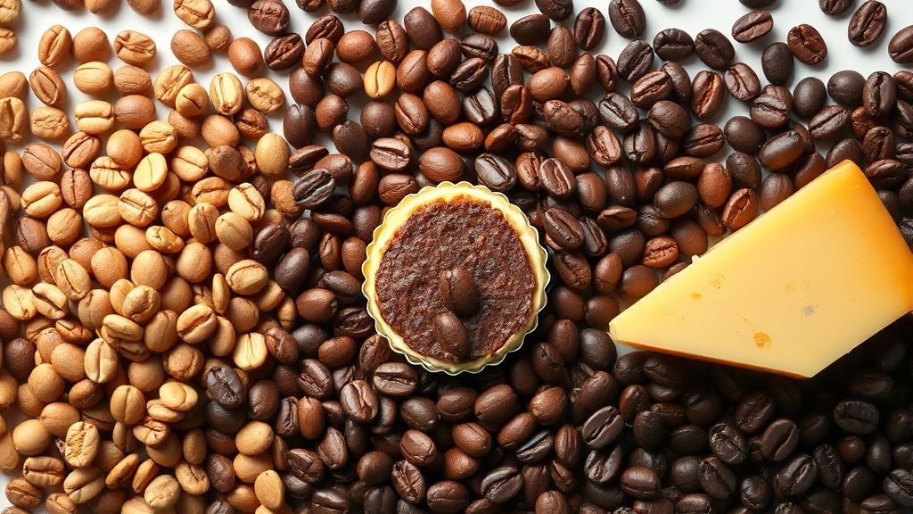 焙煎度別に並べられたコーヒー豆とおすすめの食べ物