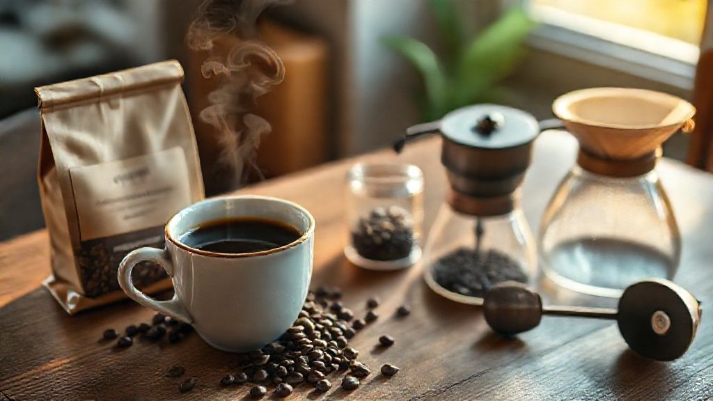 木製のテーブルの上に置かれた、湯気の立つ一杯のブラジルコーヒーとコーヒー器具