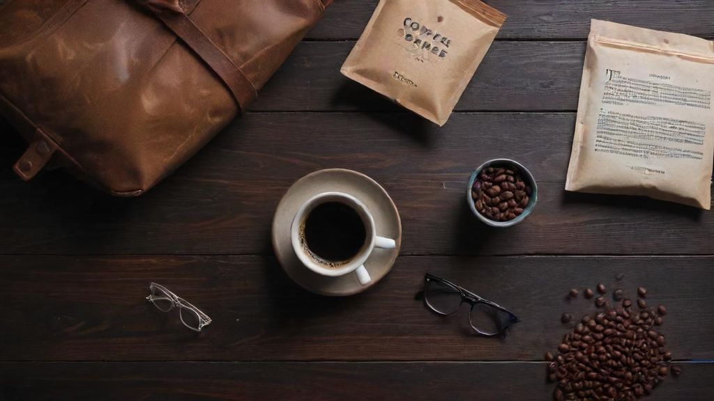 クラシックな小説、おしゃれなコーヒードリッパー、コーヒー豆の袋、読書用メガネがダークウッドの背景に美しく配置された俯瞰写真