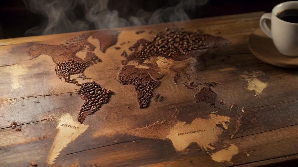 コーヒー豆でできた世界地図と湯気の立つコーヒーカップ