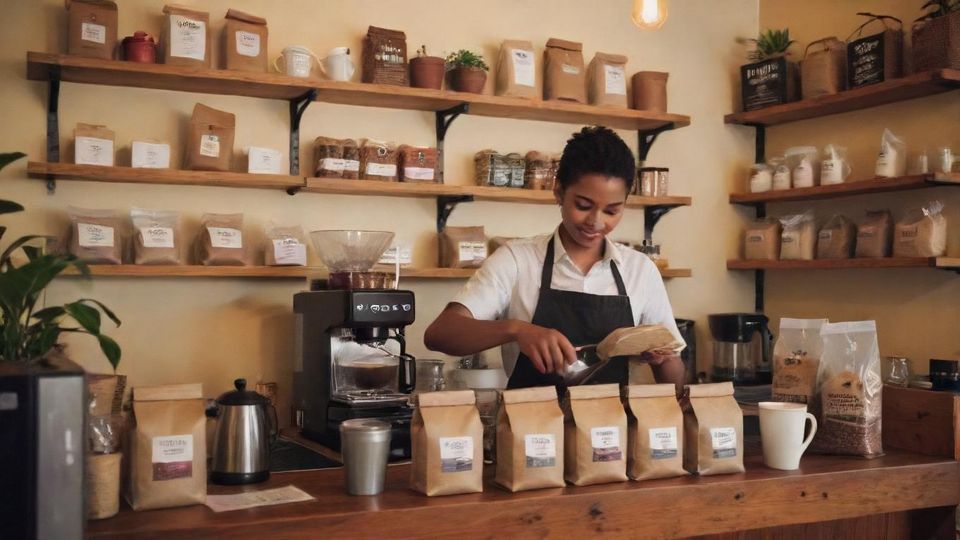 ブラジルやコロンビアなど、各国のコーヒー豆が並ぶカフェの棚