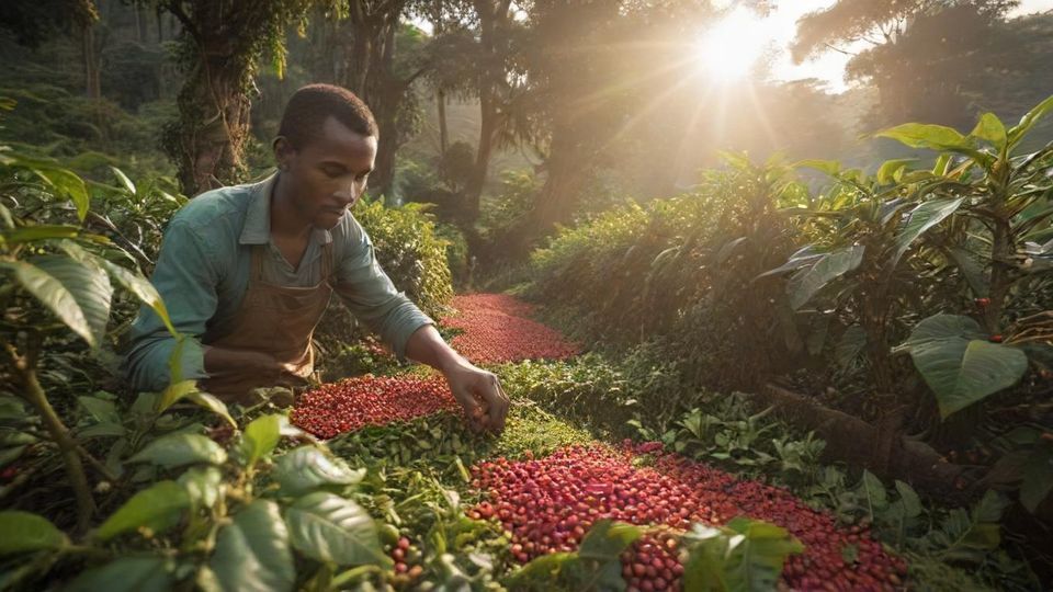 朝日に照らされるエチオピアのコーヒー農園で、農家の人が手摘みでコーヒーチェリーを収穫している風景