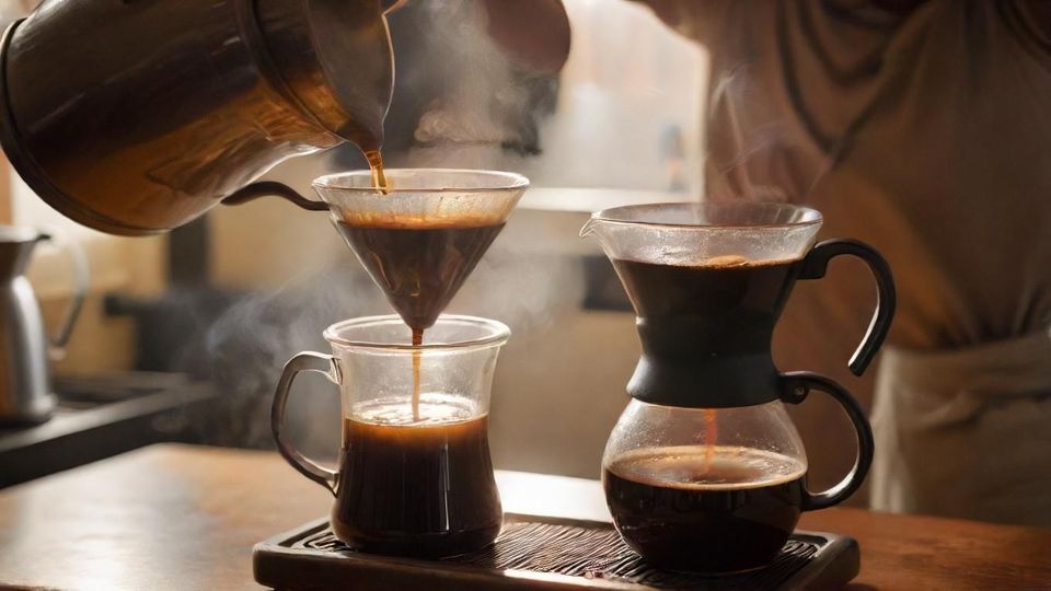 ハンドドリップでエチオピアコーヒーを淹れている様子。<br class=