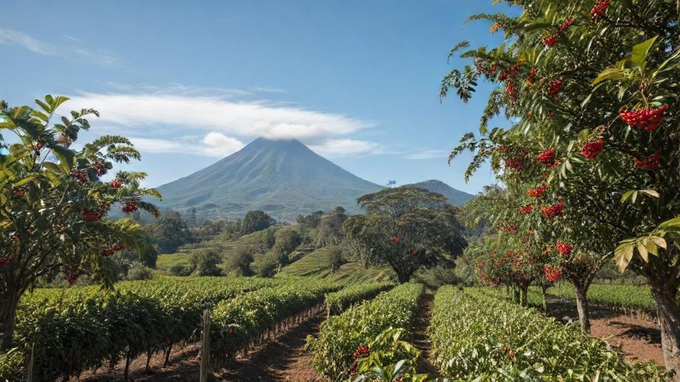 グアテテマラの火山を背景にした美しいコーヒー農園の風景