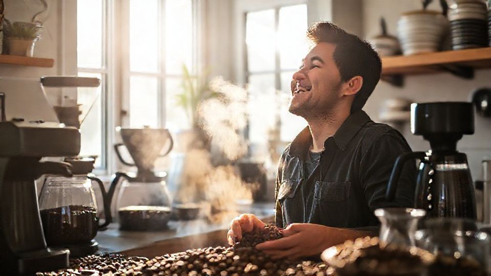 自宅のキッチンで焙煎したてのコーヒー豆の香りを楽しむ人。<br />周りには様々なコーヒー器具が置かれている。<br />