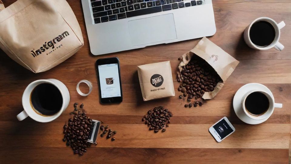 コーヒー関連の副業アイテムの俯瞰写真。<br />オリジナルブランドのコーヒー豆、コーヒーの写真が並ぶインスタグラムのフィードが表示されたスマートフォン、ブログ記事の編集画面が開かれたノートパソコン、手作りのセラミックマグカップが並んでいる。<br />