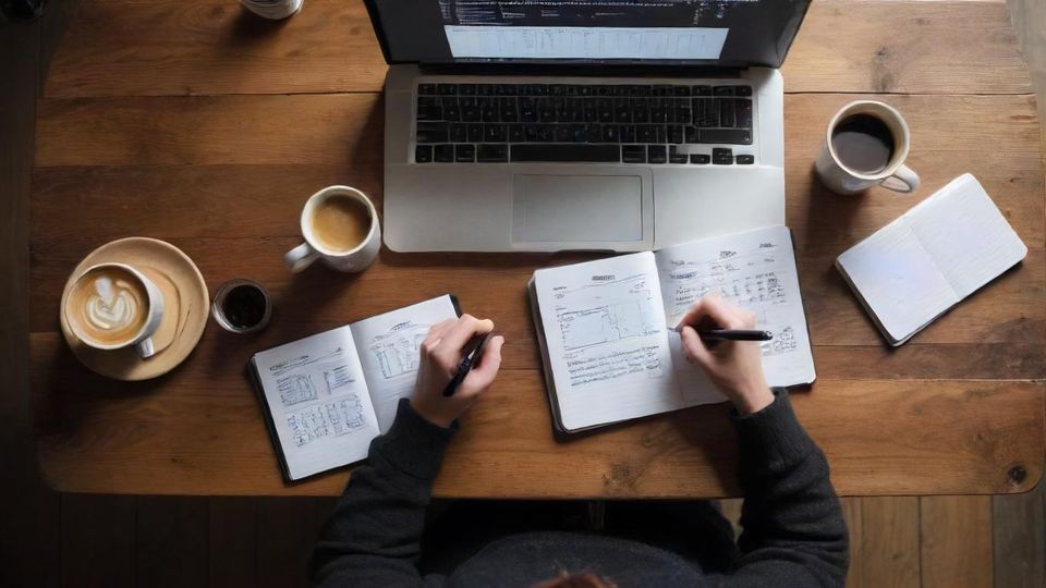 カフェの事業計画書を木のテーブルで書いている様子。<br  class=