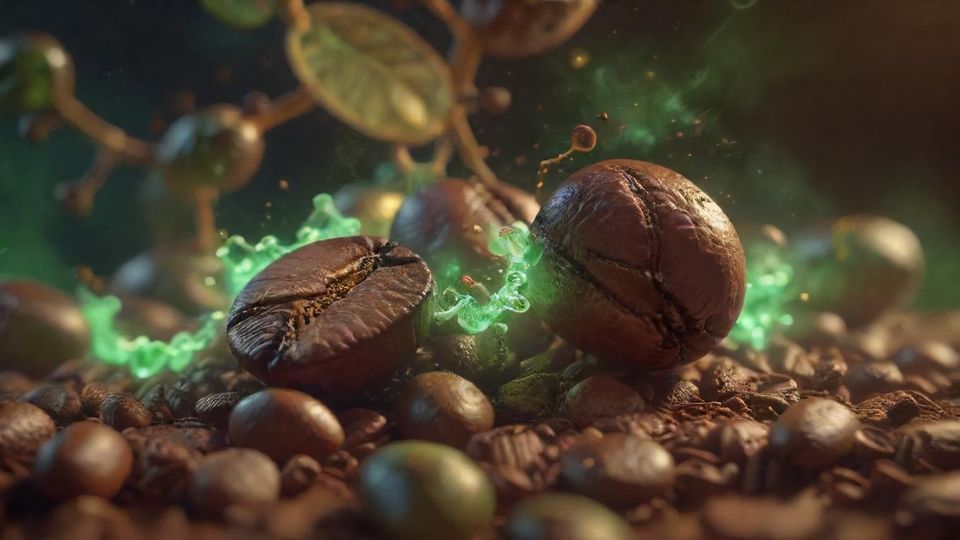 コーヒー豆の上に浮かぶクロロゲン酸、トリゴネリン、フェニルインダンの分子構造