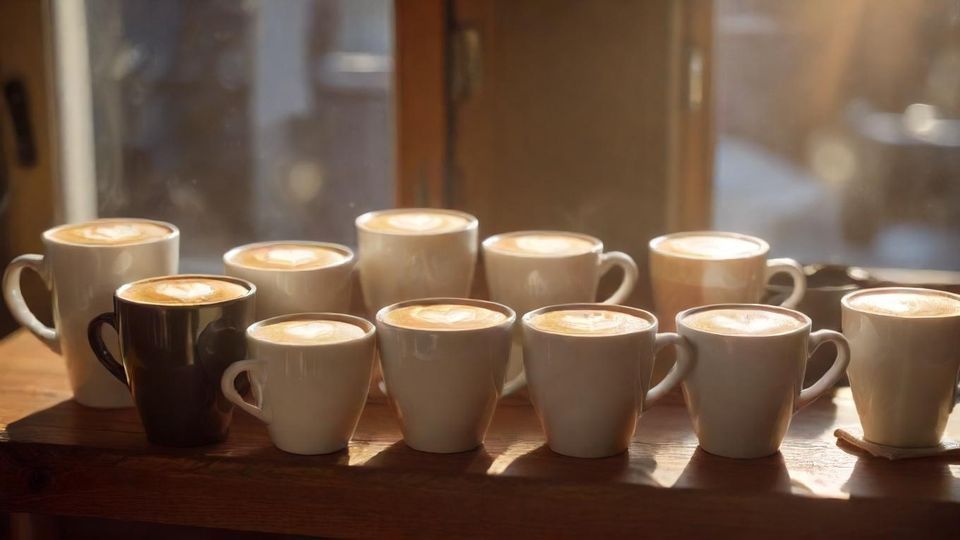 朝日の中で木製テーブルに並べられた、エスプレッソやラテなど様々な種類のコーヒーカップ