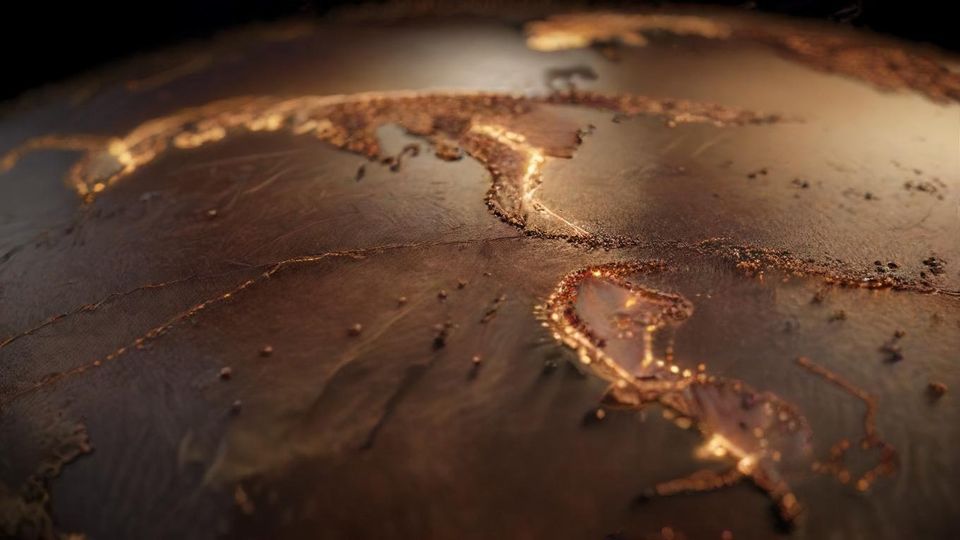 コーヒー豆で描かれた世界地図。<br  class=