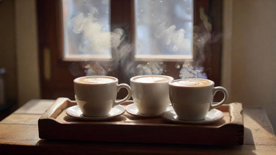 木製トレーに美しく並べられた3種類のコーヒーカップ。<br  class=