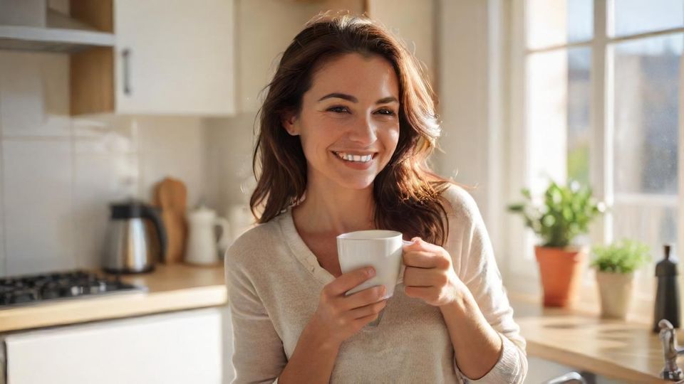 朝日を浴びながらキッチンでコーヒーを飲んでリラックスしている人
