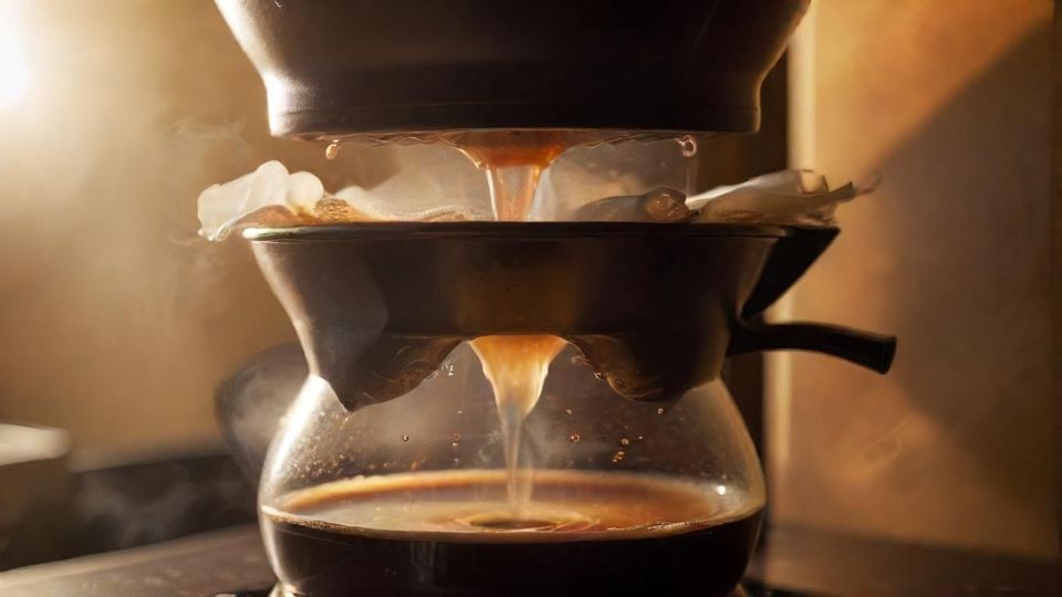 ポアオーバーで美しいコーヒードームが膨らむ様子、湯気、温かい光