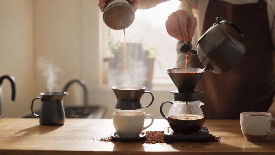 優しくお湯を注ぎ、コーヒードームを観察するバリスタの手元、清潔感のあるコーヒー器具、柔らかな自然光