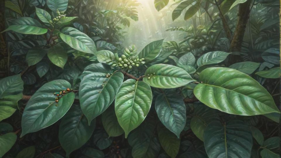 コーヒーユーゲニオイデス種の植物イラスト。<br  class=