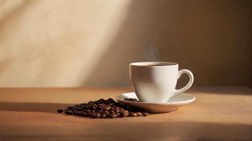 ユーゲニオイデスコーヒーのカップと豆のミニマルな静物写真。<br  class=