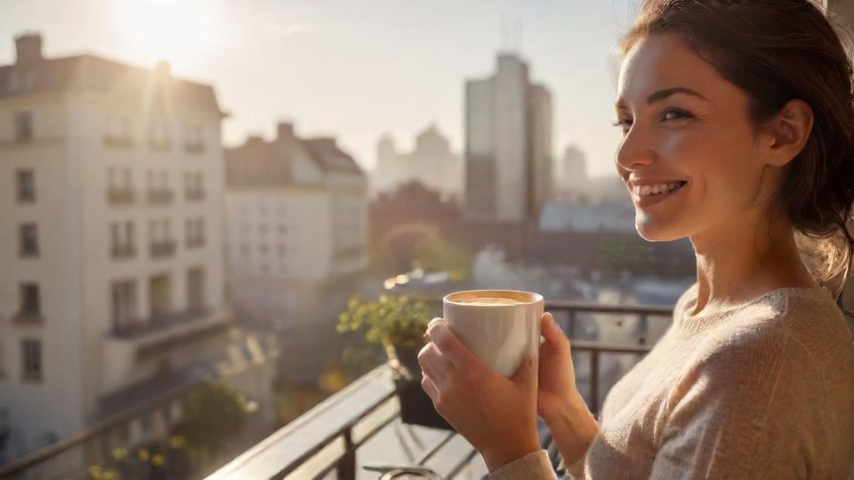 穏やかな笑顔でコーヒーを楽しむ人