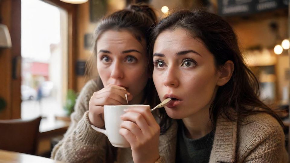 ごま油入りのコーヒーを訝しげに、しかし興味津々に嗅ぐ人のイラスト