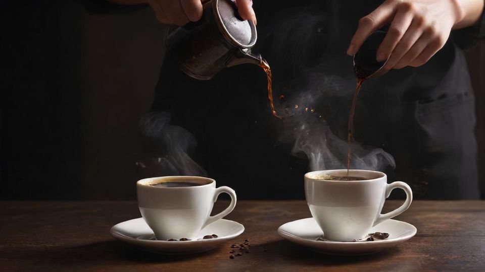 温かいコーヒーに一滴のごま油をゆっくりと注ぎ入れる、芸術的な構図のイラスト