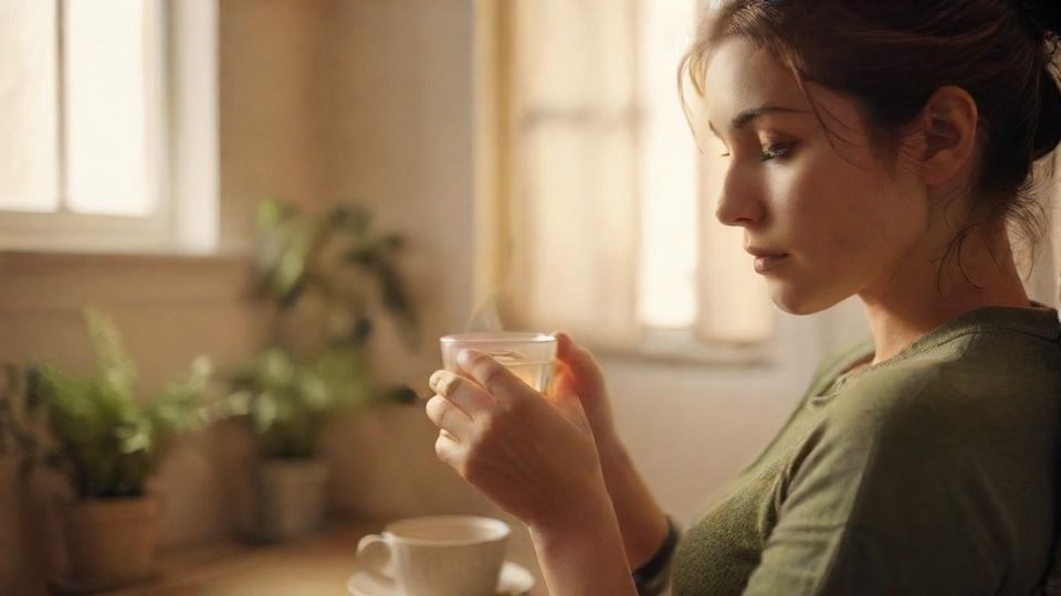 コーヒーの代わりを検討する人がハーブティーを飲む様子