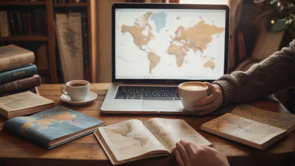 温かいコーヒーカップを持つ人が、本と世界地図が表示されたノートパソコンに囲まれている居心地の良い風景