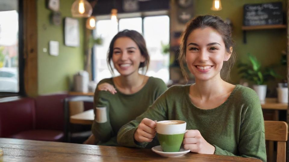 コーヒーと緑茶のブレンドを楽しむ笑顔の人、居心地の良いカフェの自然光の中でリラックスした雰囲気のイメージ