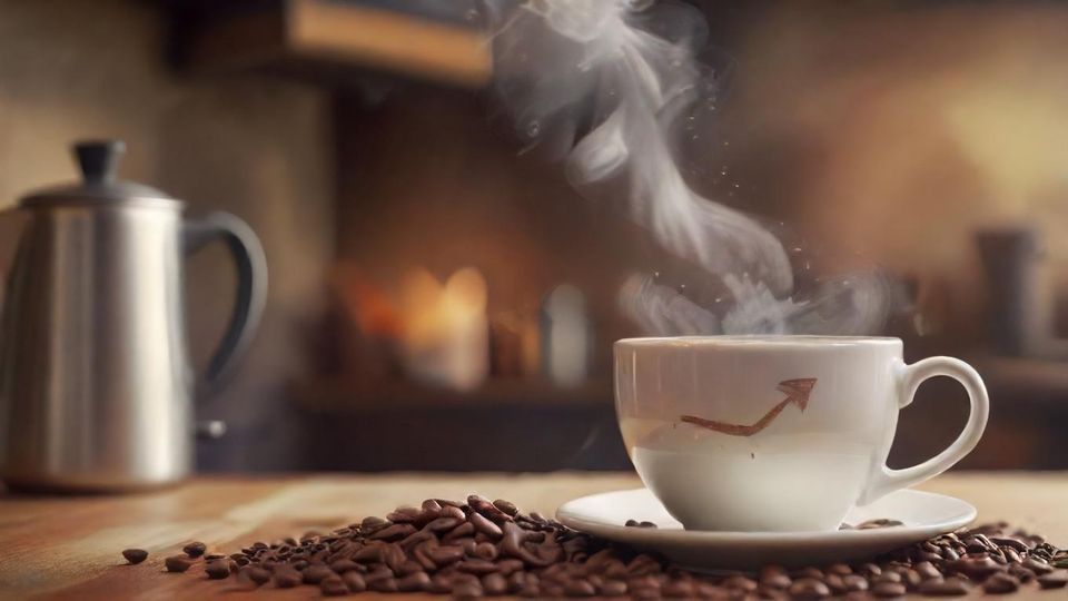 湯気の立つ温かいコーヒーカップと、価格上昇を示す矢印の背景