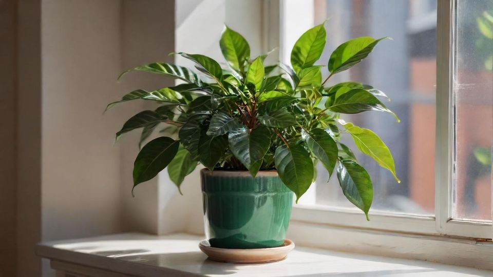 太陽の光が差し込む部屋に置かれた、健康的で美しいコーヒーの木。<br  class=