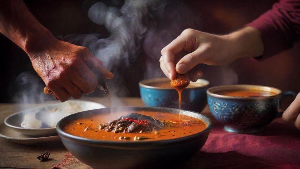 辛いカレーとコーヒーが並べられた食卓のクローズアップ画像