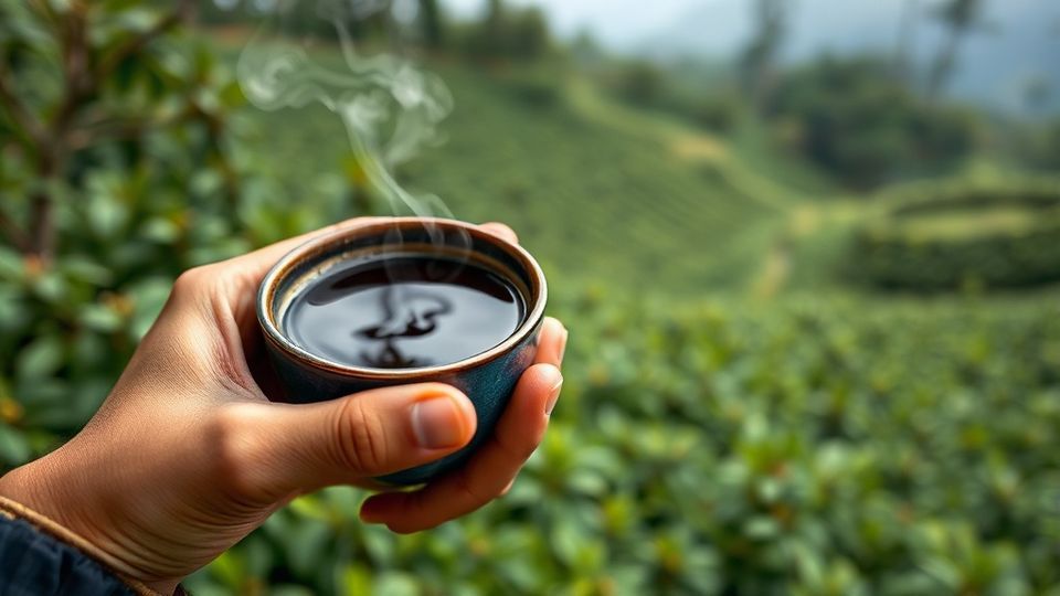 温かいマンデリン ブルーバタックコーヒーを飲む手のクローズアップ