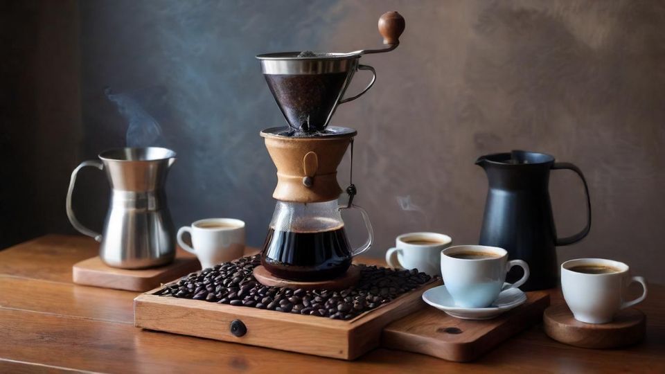 マンデリン ブルーバタックの豆と淹れたコーヒーが並ぶ美しいコーヒーセット