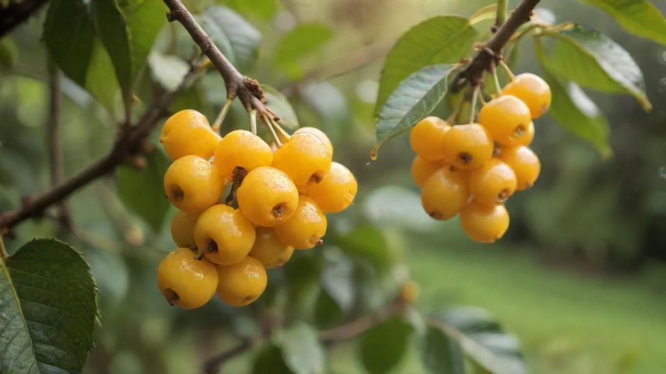ブラジルのコーヒー農園で枝に実る鮮やかな黄色のブルボンアマレロコーヒーチェリーのクローズアップ写真