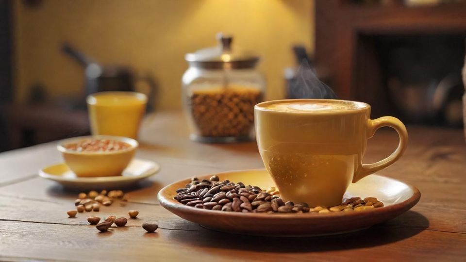 木のテーブルに置かれた金色の輝きを持つ浅煎りコーヒーと黄色いコーヒー豆のカップ、居心地の良いカフェの背景