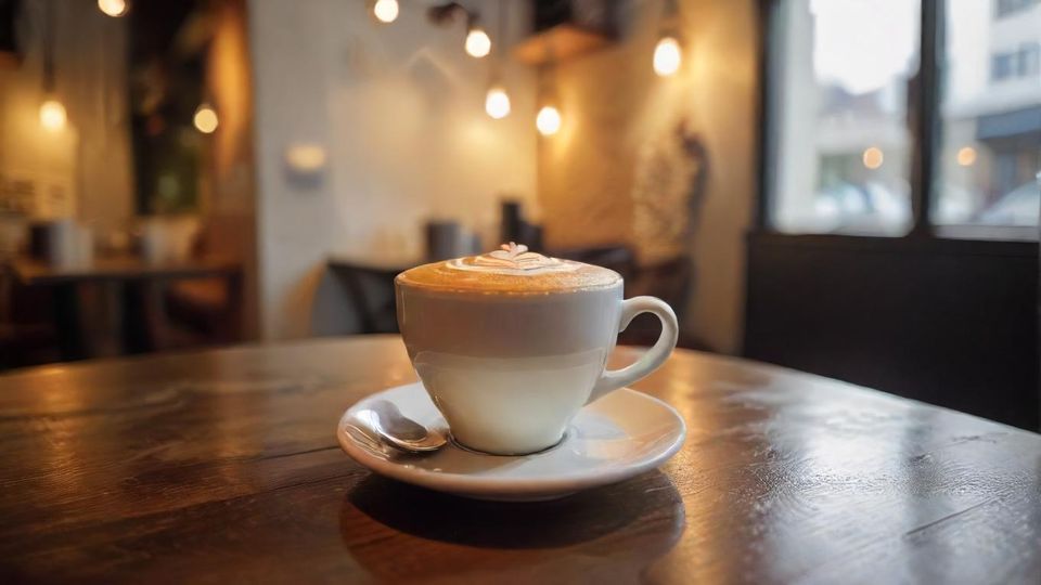 美しいラテアートが施された白いコーヒーラテと、居心地の良いカフェの風景