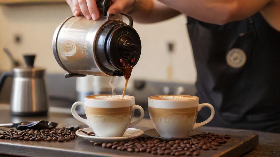 バリスタがコーヒーカップにラテアートを注いでいる様子、背景には様々なコーヒー豆や抽出器具。<br  class=